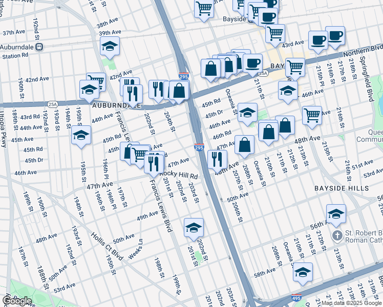 map of restaurants, bars, coffee shops, grocery stores, and more near 46-31 204th Street in Queens