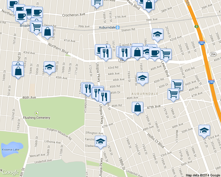 map of restaurants, bars, coffee shops, grocery stores, and more near 189-11 45th Road in Queens
