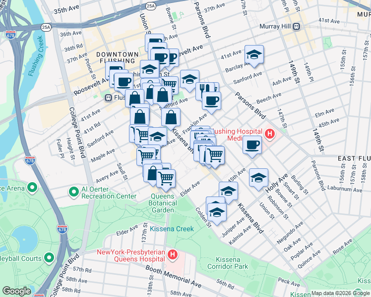 map of restaurants, bars, coffee shops, grocery stores, and more near 43-31 Kissena Boulevard in Queens