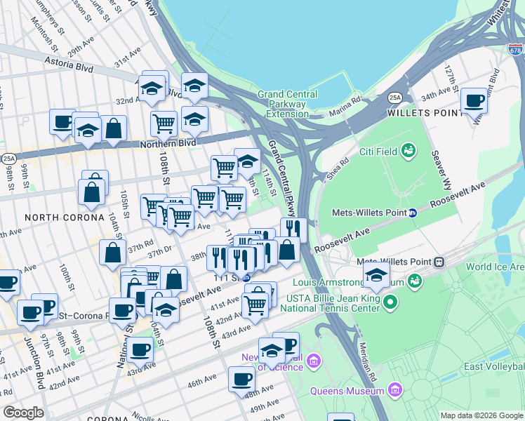 map of restaurants, bars, coffee shops, grocery stores, and more near 55 112th Street in Queens