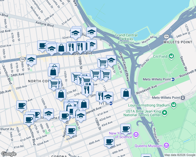 map of restaurants, bars, coffee shops, grocery stores, and more near 35-27 109th Street in Queens