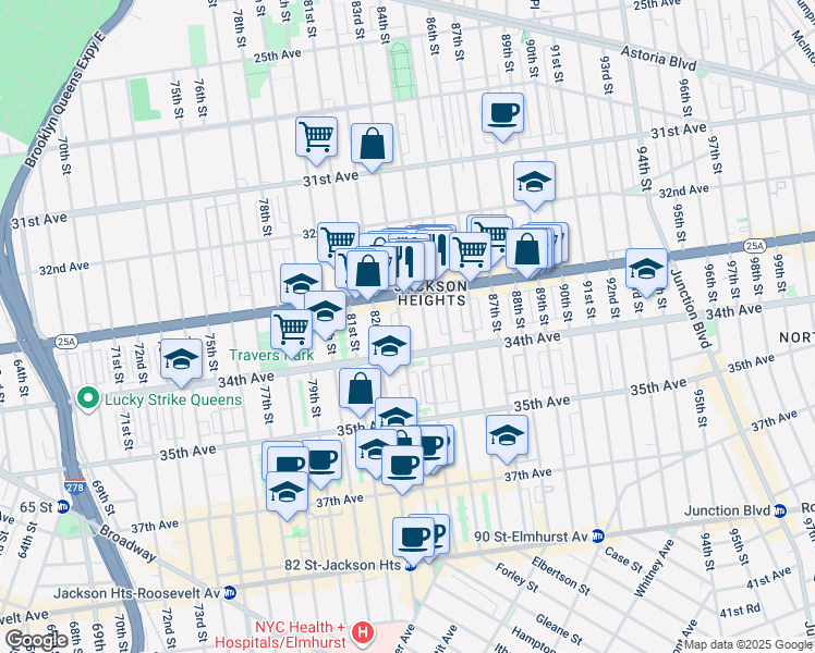 map of restaurants, bars, coffee shops, grocery stores, and more near 33-20 83rd Street in Queens