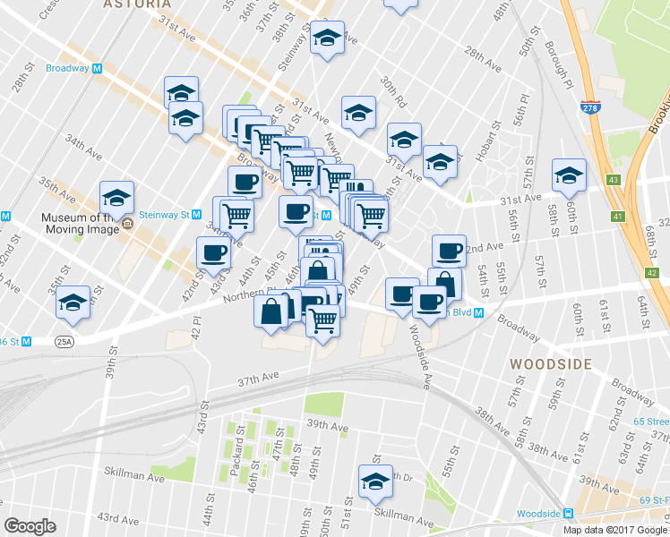 map of restaurants, bars, coffee shops, grocery stores, and more near 32-45 47th Street in Queens