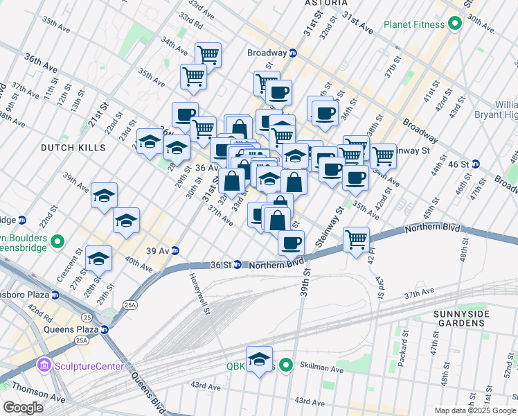 map of restaurants, bars, coffee shops, grocery stores, and more near 36-11 34th Street in Queens