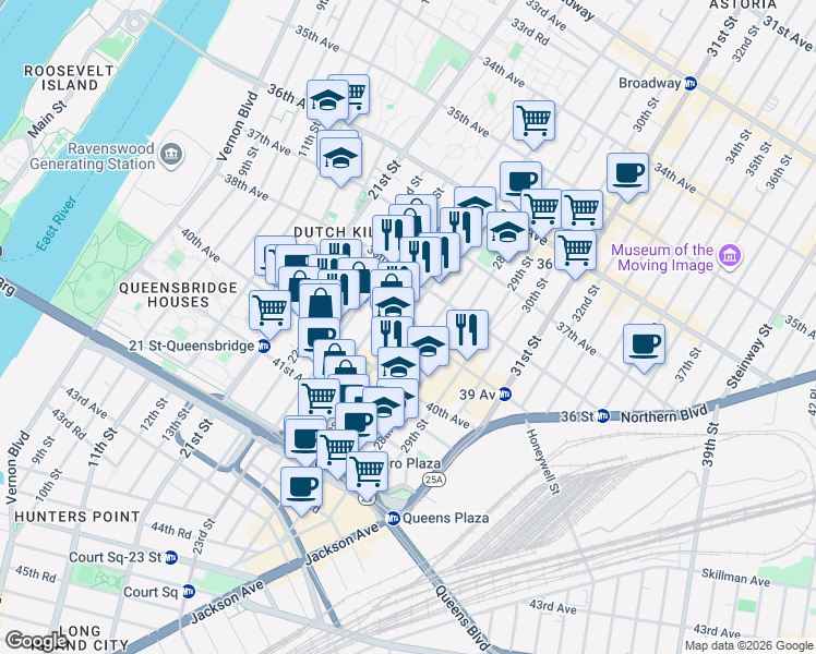 map of restaurants, bars, coffee shops, grocery stores, and more near 38-27 Crescent Street in Queens