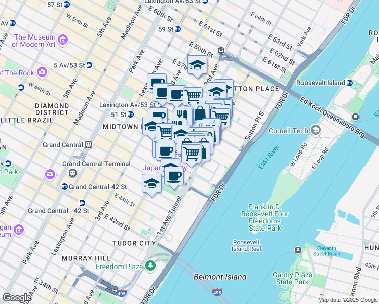map of restaurants, bars, coffee shops, grocery stores, and more near 335 East 51st Street in New York