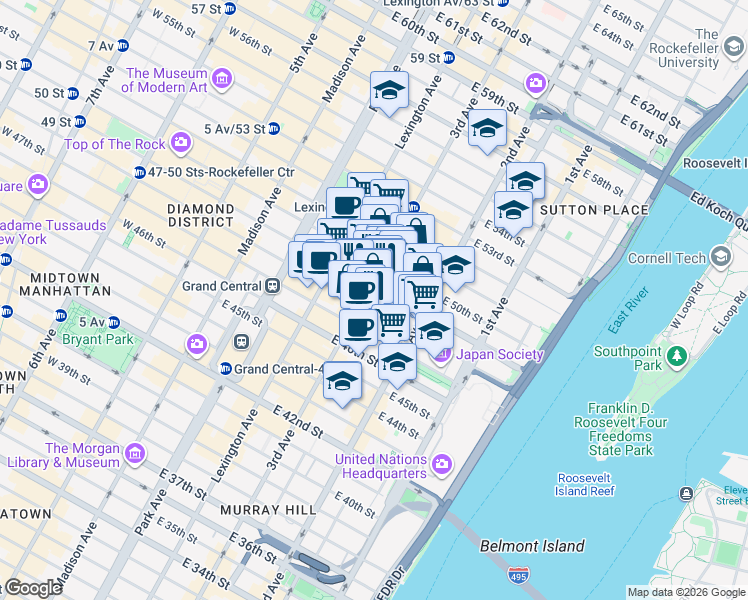 map of restaurants, bars, coffee shops, grocery stores, and more near 199 East 49th Street in New York