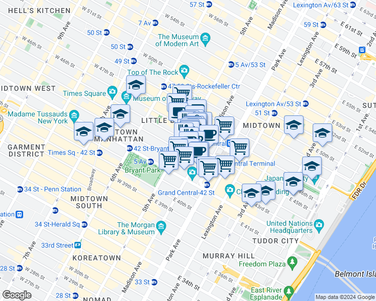 map of restaurants, bars, coffee shops, grocery stores, and more near 551 5th Avenue in New York