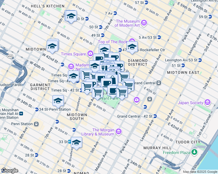 map of restaurants, bars, coffee shops, grocery stores, and more near 57 West 42nd Street in New York
