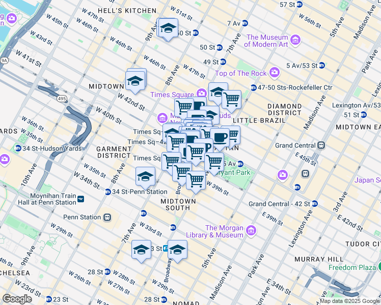 map of restaurants, bars, coffee shops, grocery stores, and more near 141 West 41st Street in New York
