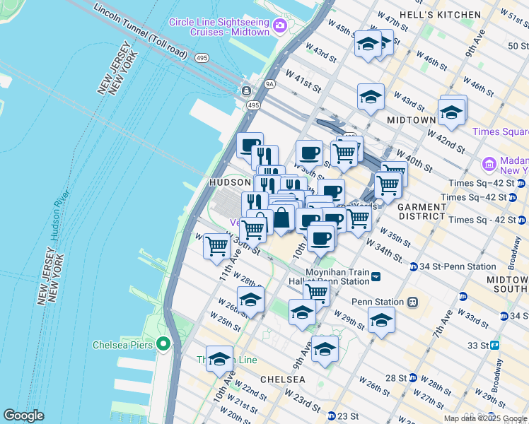 map of restaurants, bars, coffee shops, grocery stores, and more near 31 Hudson Yards in New York