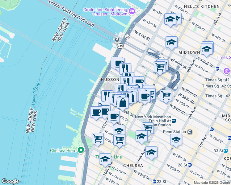 map of restaurants, bars, coffee shops, grocery stores, and more near 343 11th Avenue in New York