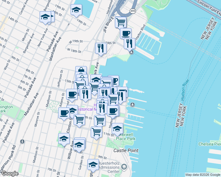 map of restaurants, bars, coffee shops, grocery stores, and more near 1501 Hudson Street in Hoboken