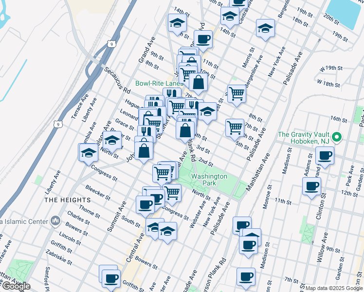 map of restaurants, bars, coffee shops, grocery stores, and more near 23 Leonard Street in Jersey City