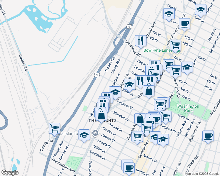 map of restaurants, bars, coffee shops, grocery stores, and more near in Jersey City