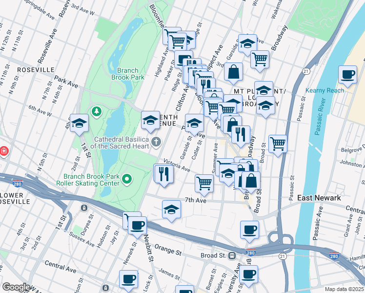 map of restaurants, bars, coffee shops, grocery stores, and more near 109 Mount Prospect Avenue in Newark