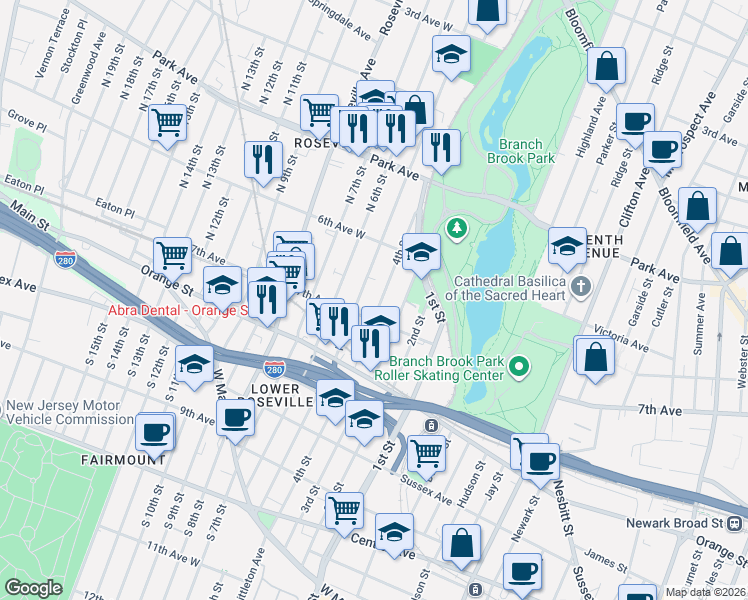 map of restaurants, bars, coffee shops, grocery stores, and more near 220 4th Street in Newark