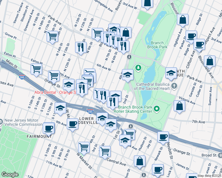 map of restaurants, bars, coffee shops, grocery stores, and more near 191 North 6th Street in Newark