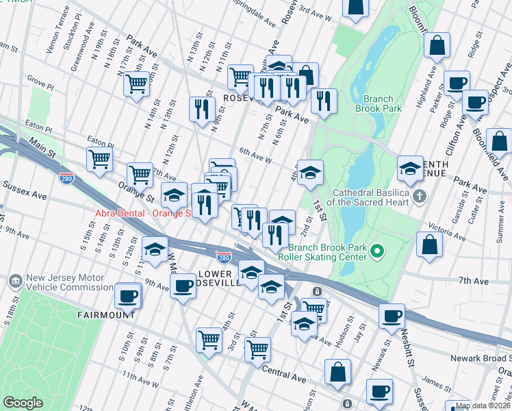 map of restaurants, bars, coffee shops, grocery stores, and more near 191 North 6th Street in Newark