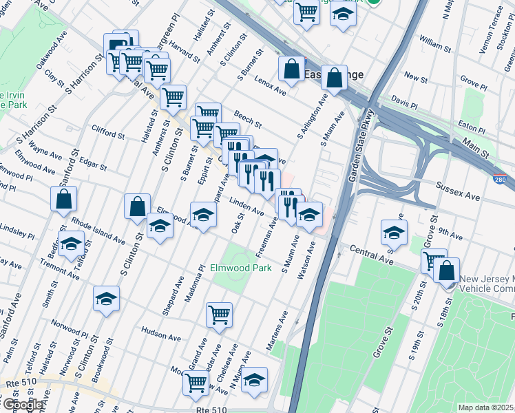 map of restaurants, bars, coffee shops, grocery stores, and more near 333 Central Avenue in East Orange