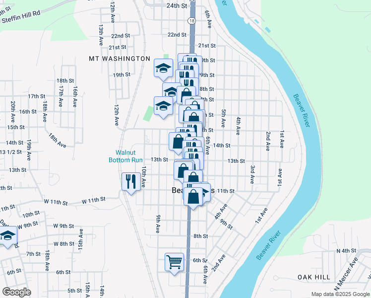map of restaurants, bars, coffee shops, grocery stores, and more near 716 14th Street in Beaver Falls