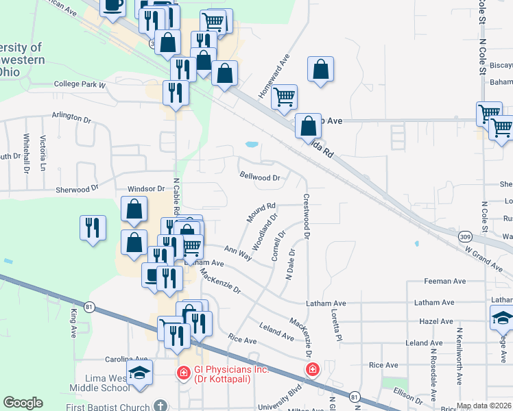 map of restaurants, bars, coffee shops, grocery stores, and more near 1814 Mound Rd in Lima