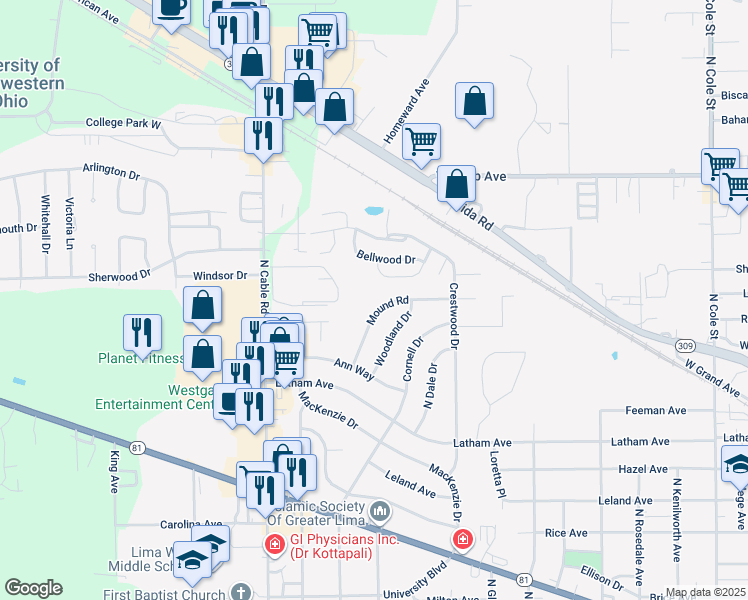 map of restaurants, bars, coffee shops, grocery stores, and more near 1814 Mound Rd in Lima
