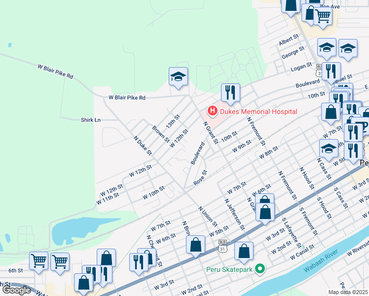 map of restaurants, bars, coffee shops, grocery stores, and more near 301-399 W 12th St in Peru