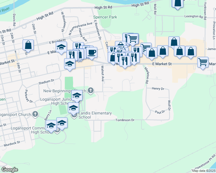 map of restaurants, bars, coffee shops, grocery stores, and more near 802 Crest Drive in Logansport