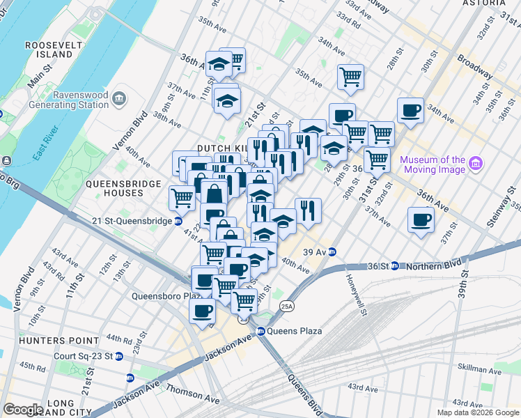 map of restaurants, bars, coffee shops, grocery stores, and more near 38-27 Crescent Street in Queens