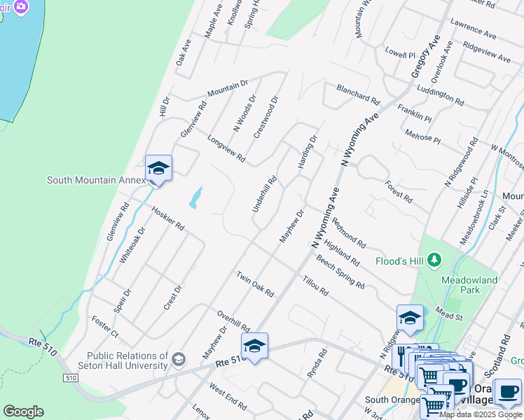 map of restaurants, bars, coffee shops, grocery stores, and more near 201 Underhill Road in South Orange