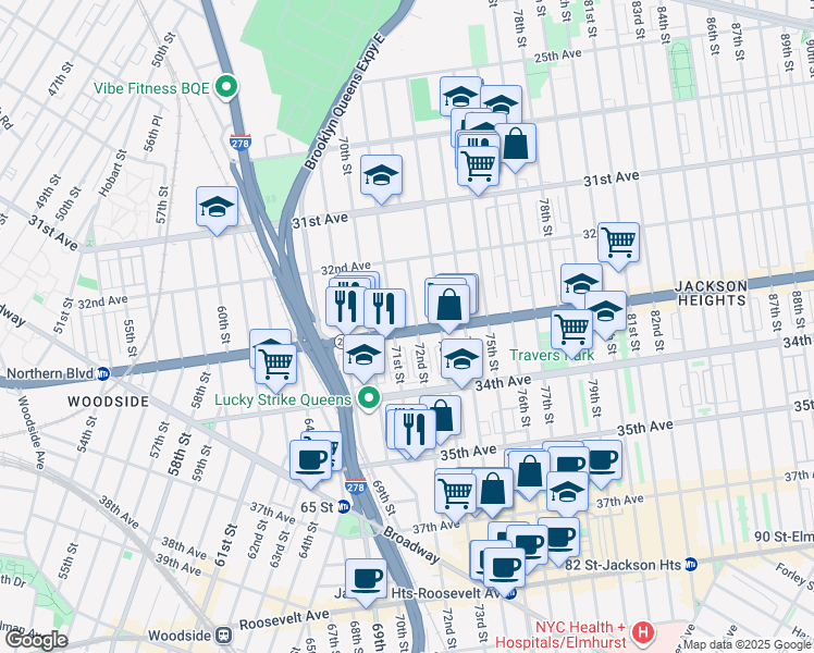 map of restaurants, bars, coffee shops, grocery stores, and more near 72-09 Northern Boulevard in Queens