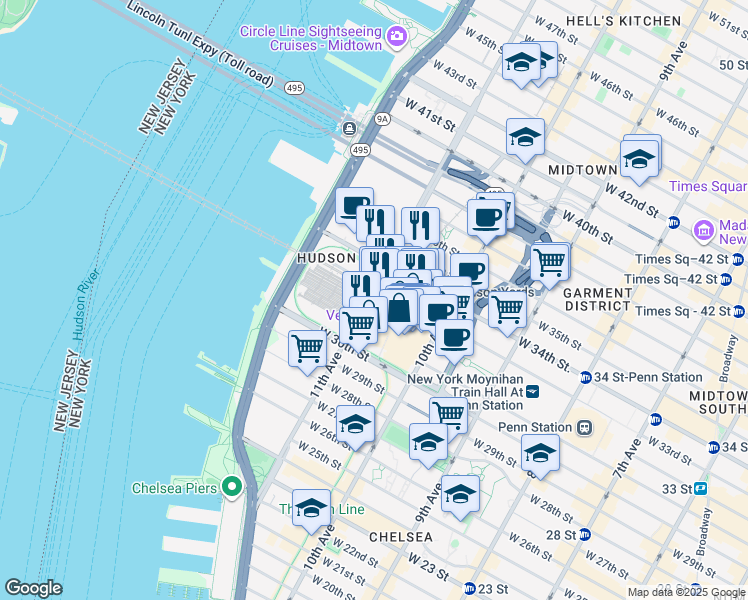 map of restaurants, bars, coffee shops, grocery stores, and more near 31 Hudson Yards in New York