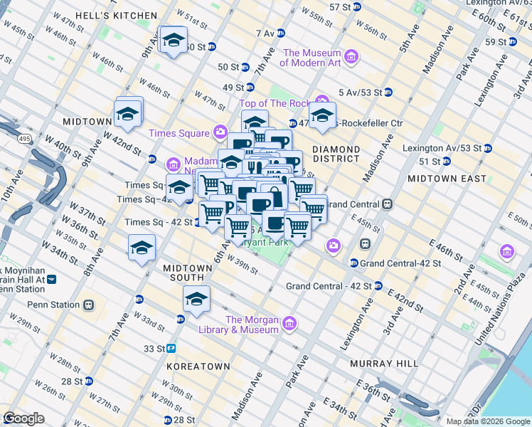 map of restaurants, bars, coffee shops, grocery stores, and more near 1114 6th Avenue in New York