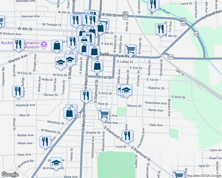 map of restaurants, bars, coffee shops, grocery stores, and more near 96-110 E Augustine Ave in Mansfield
