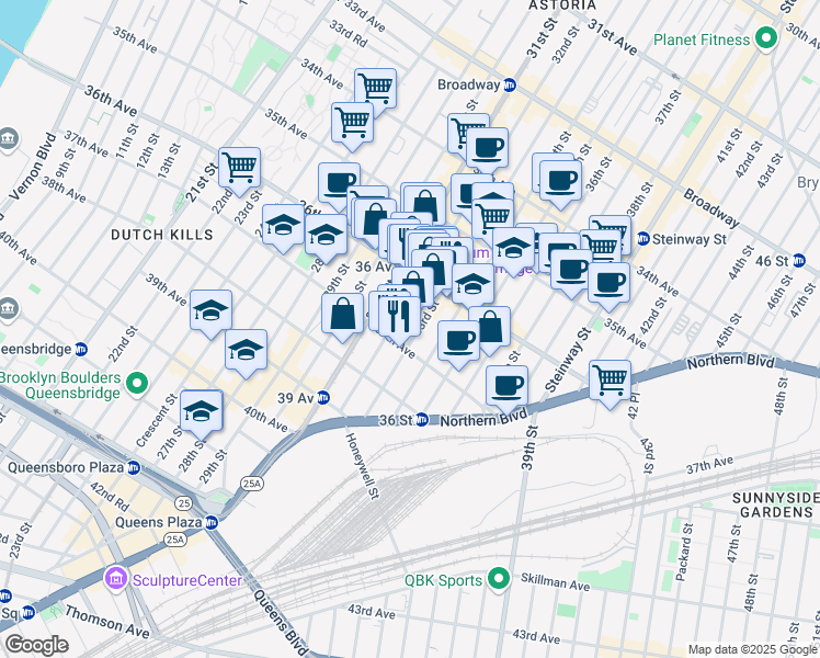 map of restaurants, bars, coffee shops, grocery stores, and more near 32-15 37th Avenue in Queens
