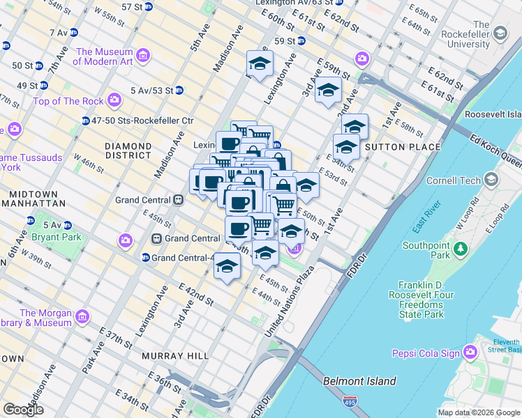 map of restaurants, bars, coffee shops, grocery stores, and more near 199 East 49th Street in New York