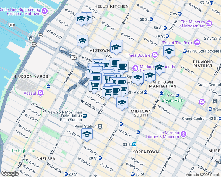 map of restaurants, bars, coffee shops, grocery stores, and more near 325 West 38th Street in New York