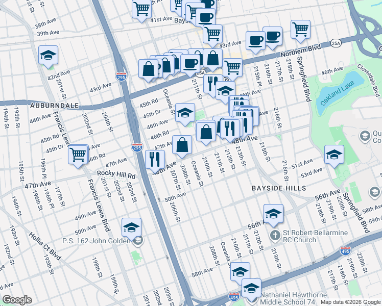 map of restaurants, bars, coffee shops, grocery stores, and more near 47-43 Oceania Street in Queens