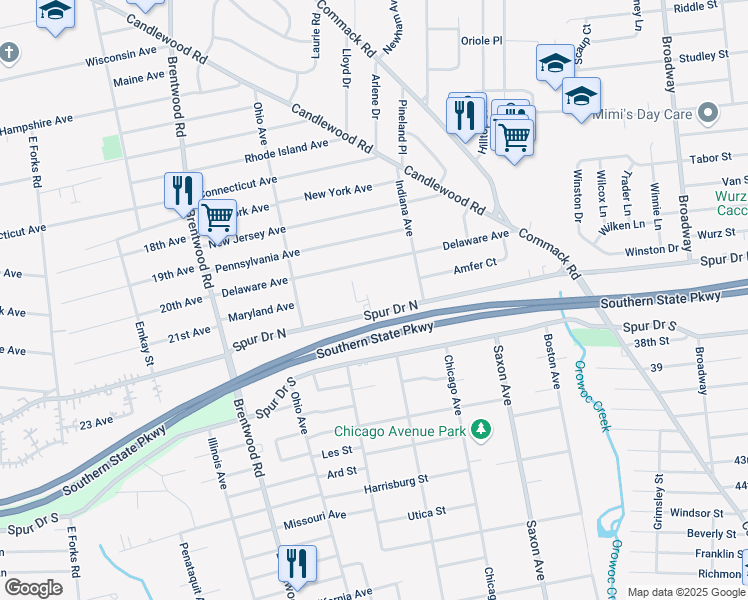 map of restaurants, bars, coffee shops, grocery stores, and more near 961 Spur Drive North in Bay Shore