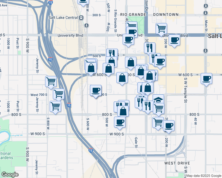 map of restaurants, bars, coffee shops, grocery stores, and more near 675 South 500 West in Salt Lake City