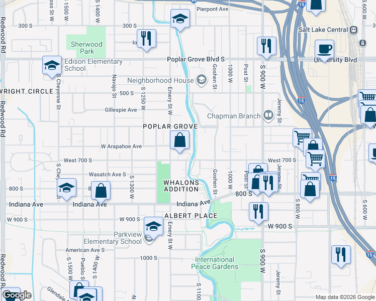 map of restaurants, bars, coffee shops, grocery stores, and more near 1127 West Arapahoe Avenue in Salt Lake City