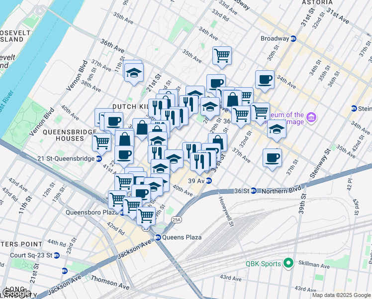 map of restaurants, bars, coffee shops, grocery stores, and more near 38-12 28th Street in Queens