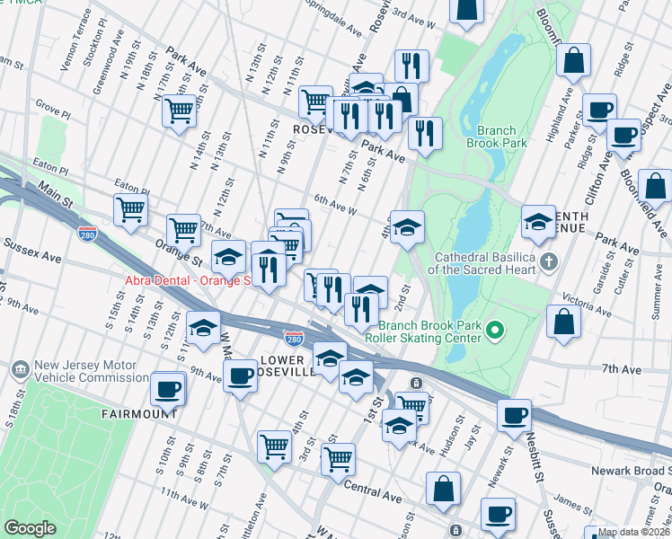 map of restaurants, bars, coffee shops, grocery stores, and more near 191 North 6th Street in Newark