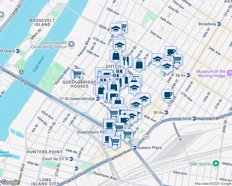 map of restaurants, bars, coffee shops, grocery stores, and more near 39-25 22nd Street in Queens