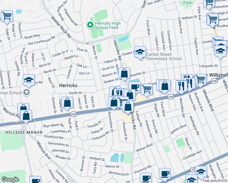 map of restaurants, bars, coffee shops, grocery stores, and more near 32 Prince Street in New Hyde Park