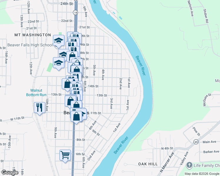 map of restaurants, bars, coffee shops, grocery stores, and more near 312 14th Street in Beaver Falls