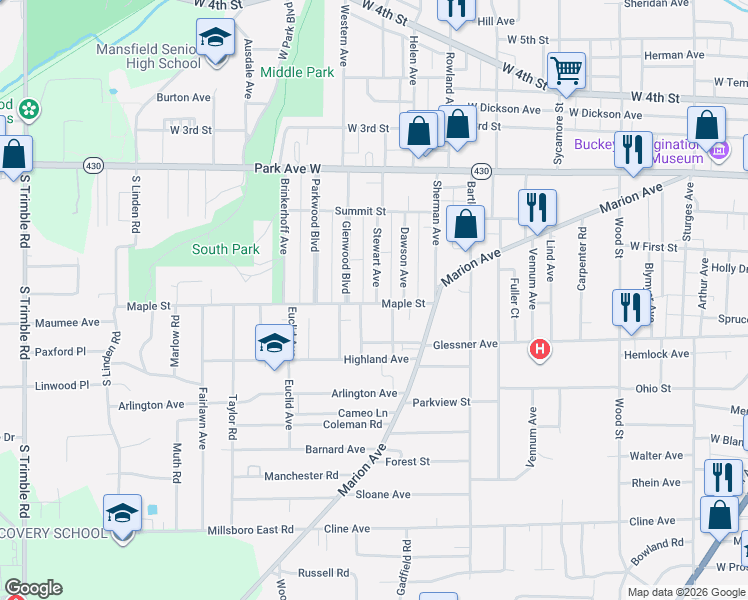 map of restaurants, bars, coffee shops, grocery stores, and more near 556 Maple Street in Mansfield
