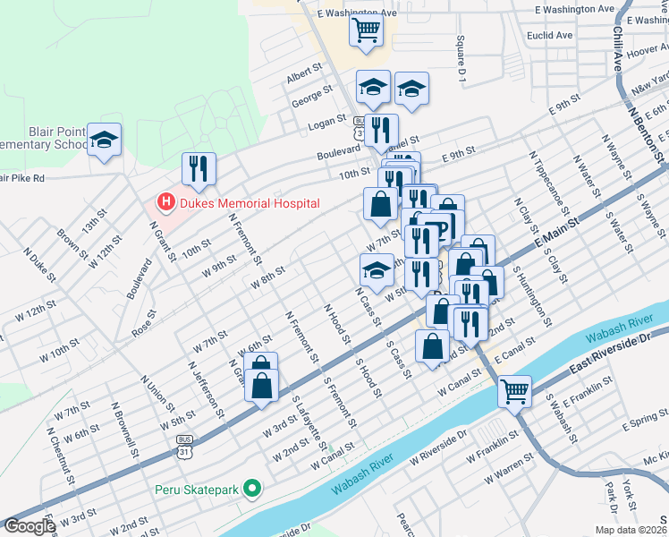 map of restaurants, bars, coffee shops, grocery stores, and more near 150-198 N Cass St in Peru