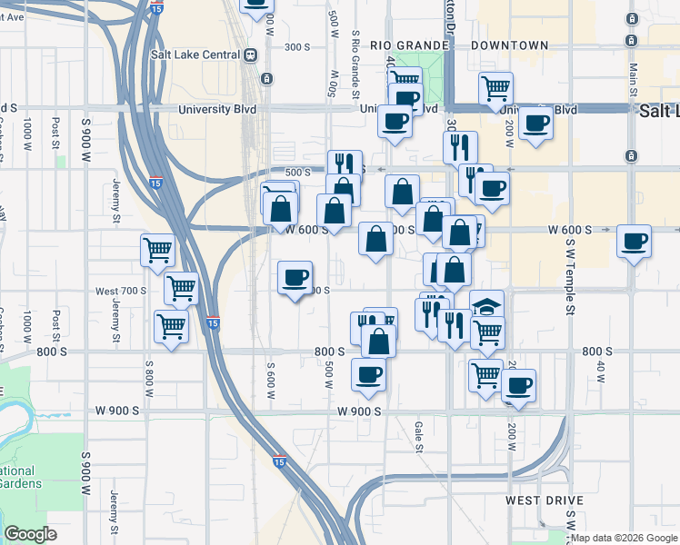 map of restaurants, bars, coffee shops, grocery stores, and more near 675 S 500 W in Salt Lake City